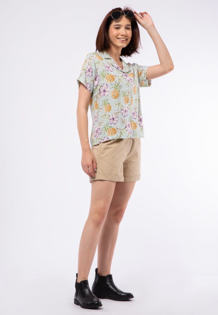 Short Sleeve Tropical Printed Blouse