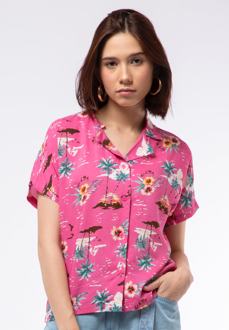 Short Sleeve Tropical Printed Blouse