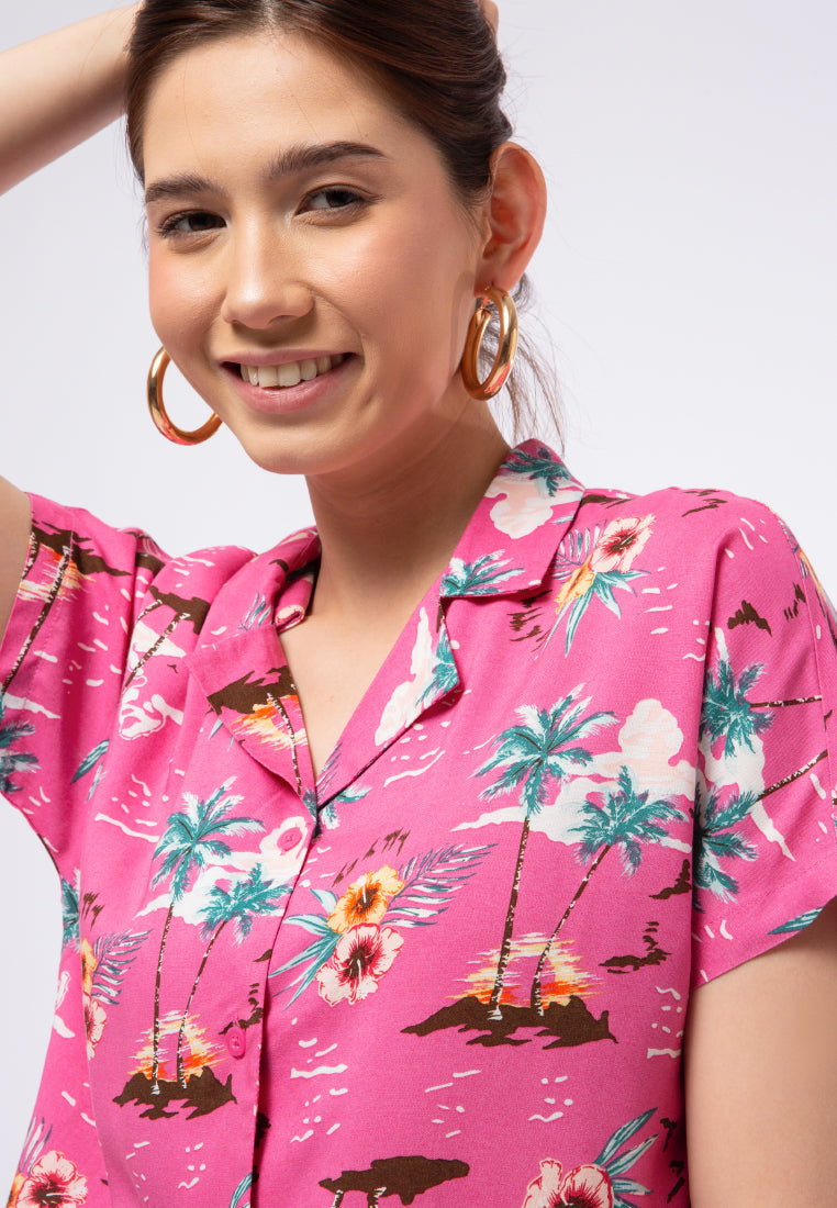 Short Sleeve Tropical Printed Blouse
