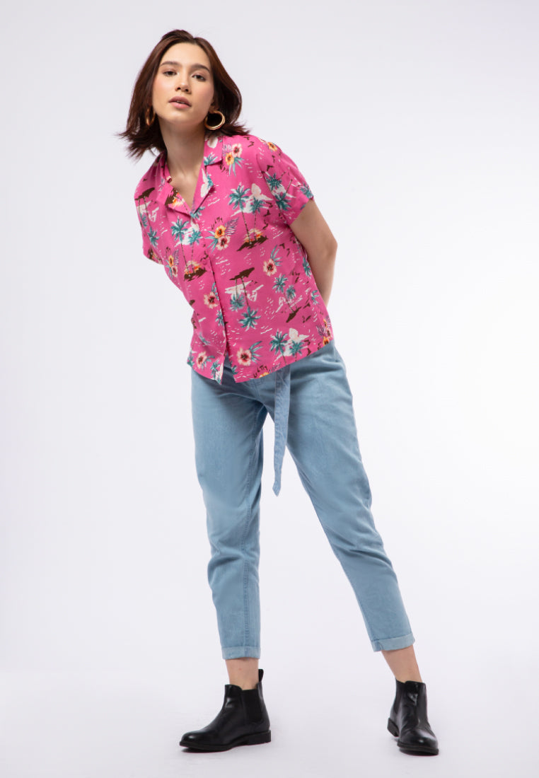 Short Sleeve Tropical Printed Blouse