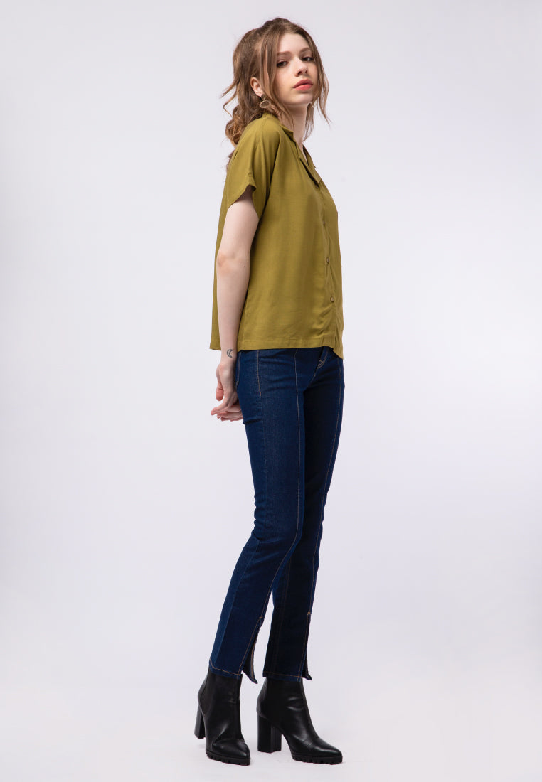 Notch Collar Short Sleeve Blouse
