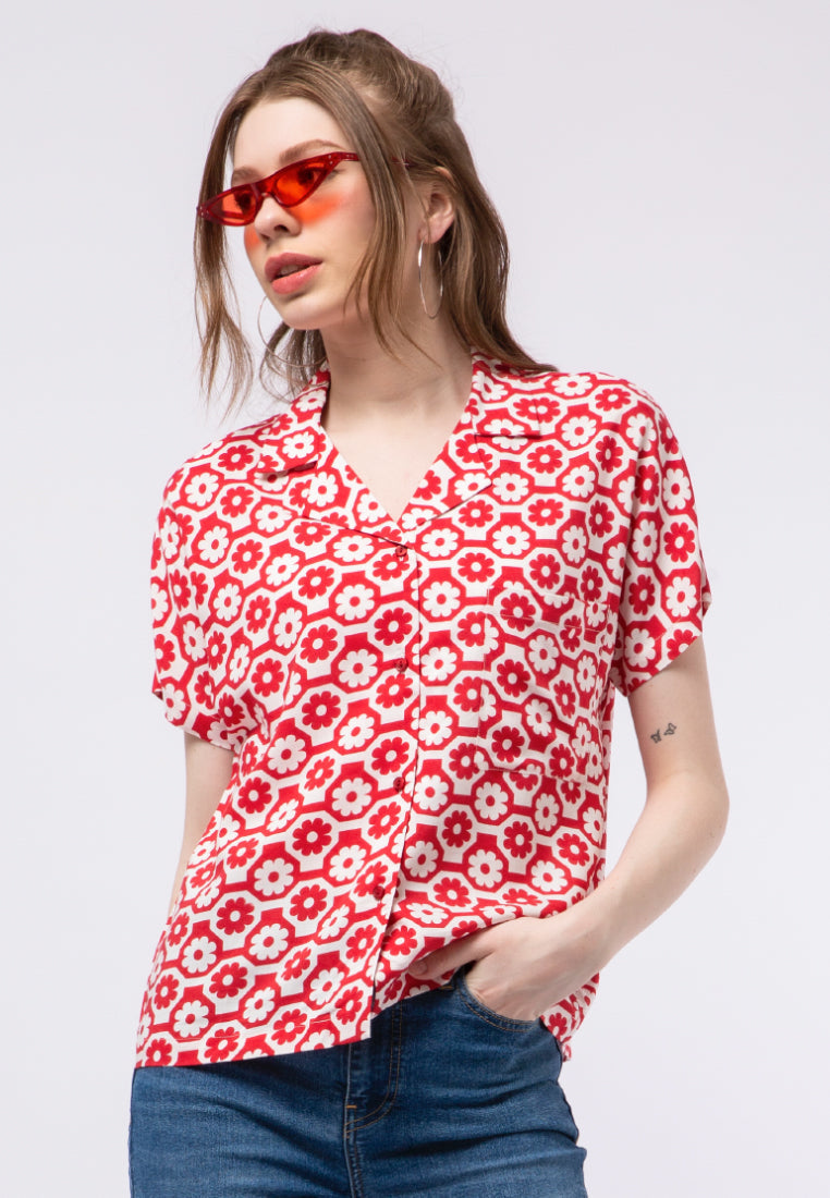 Printed Notch Collar Blouse