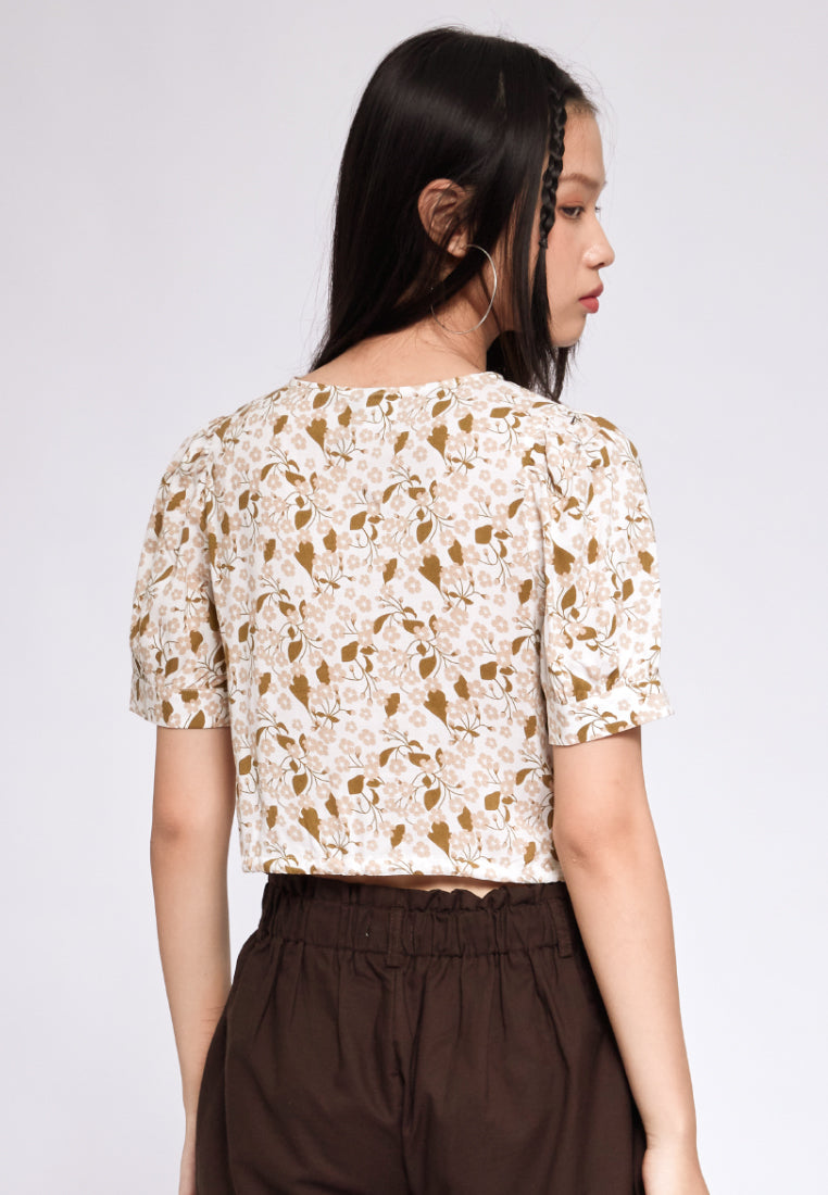 Printed V-neck Blouse with Drawstring