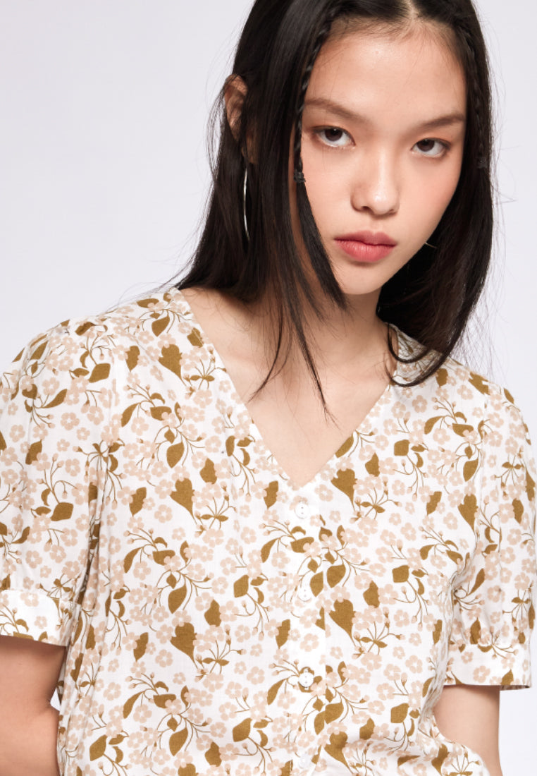 Printed V-neck Blouse with Drawstring
