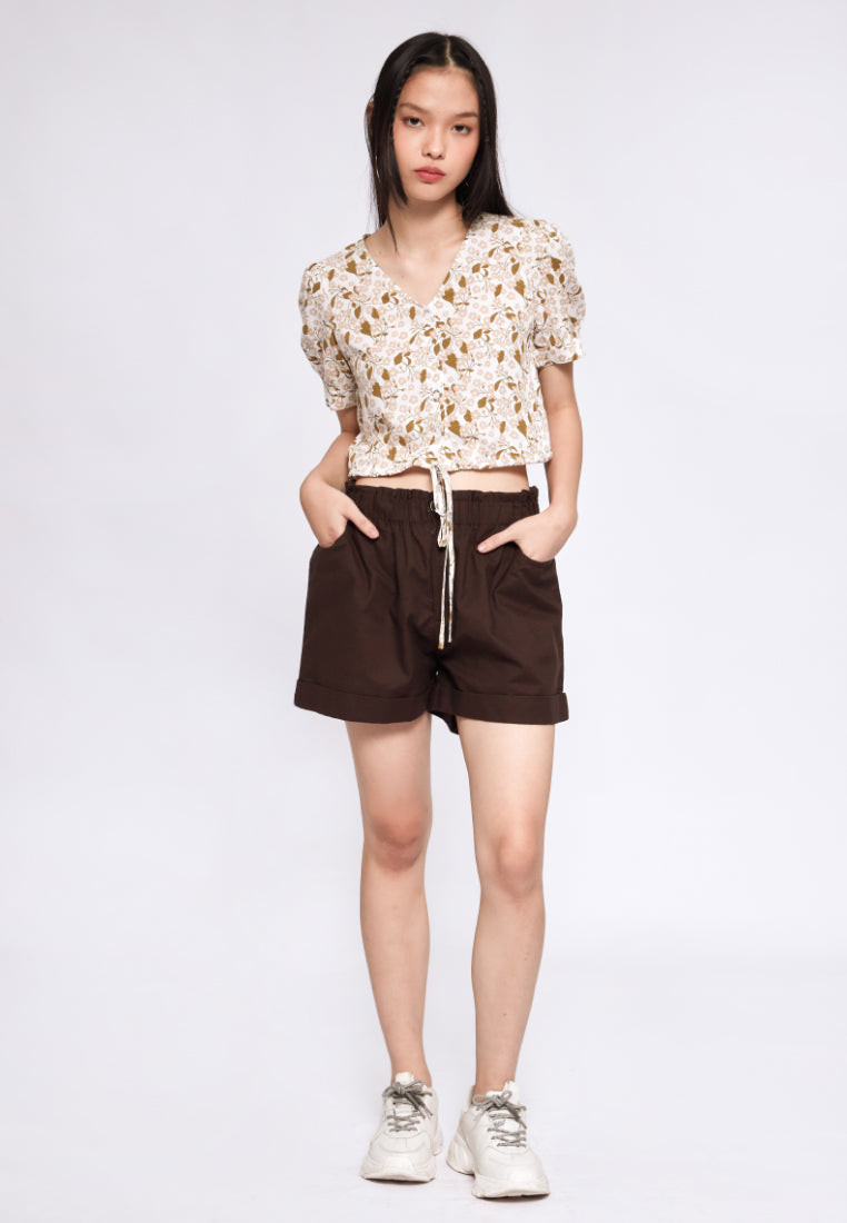 Printed V-neck Blouse with Drawstring
