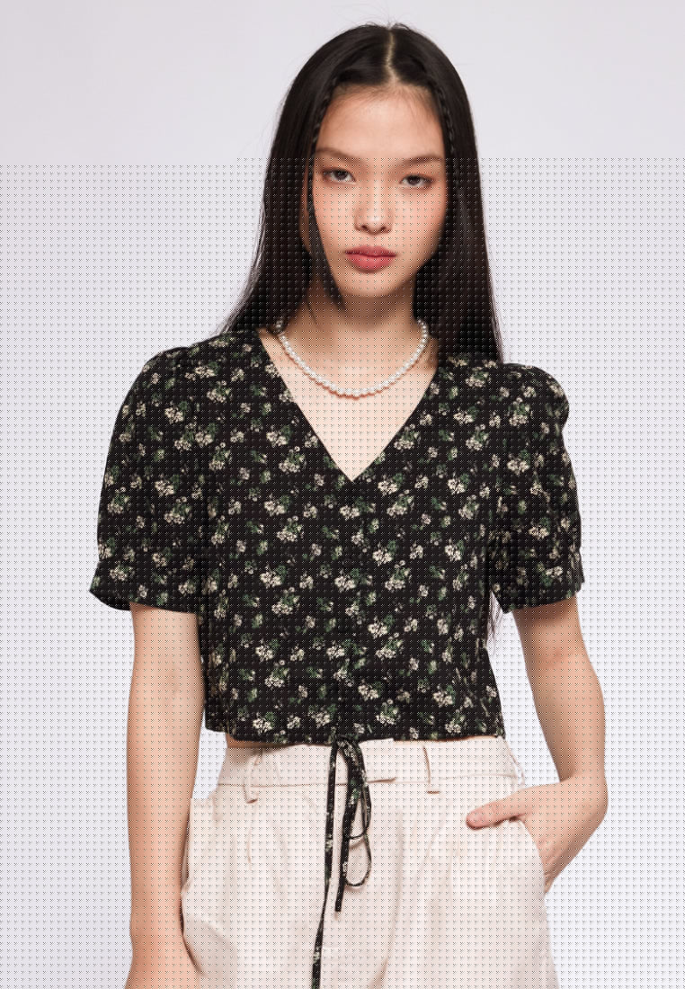 Printed V-neck Blouse with Drawstring