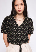 Printed V-neck Blouse with Drawstring