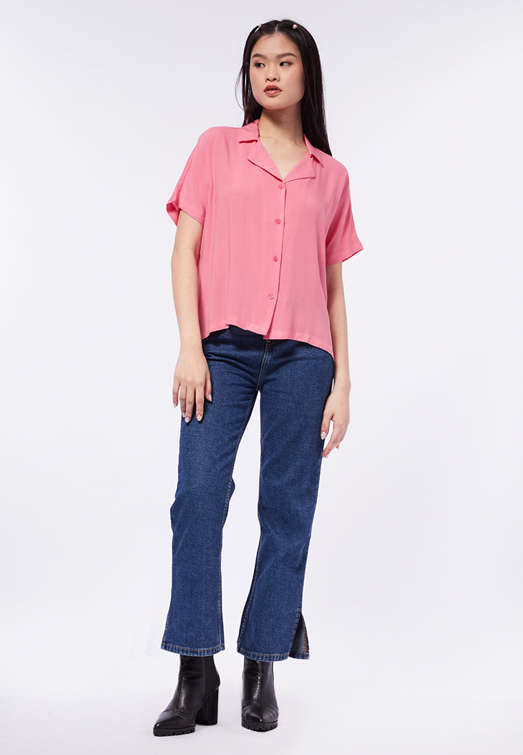 Notch Collar Short Sleeve Blouse