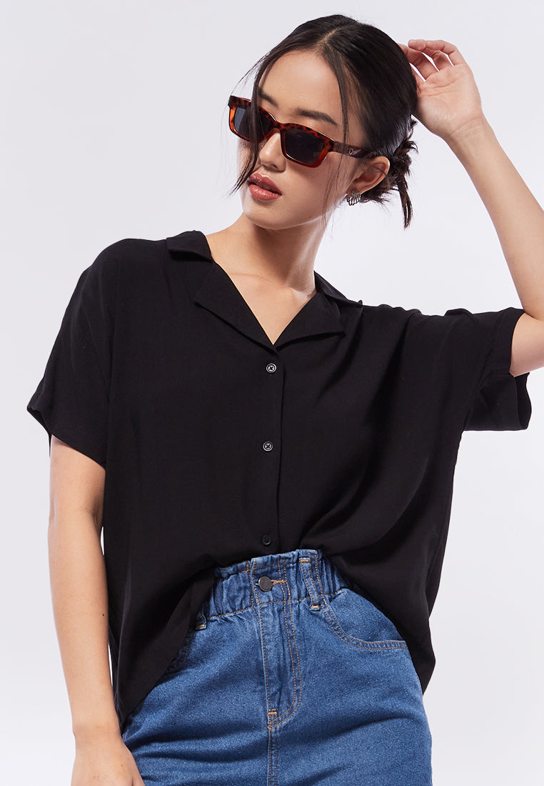 Notch Collar Short Sleeve Blouse