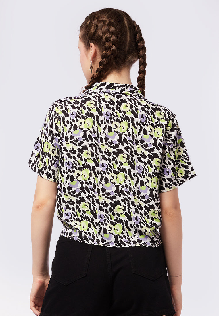 Printed Short Sleeve Blouse with Front Tie