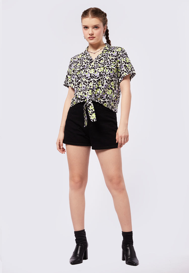 Printed Short Sleeve Blouse with Front Tie