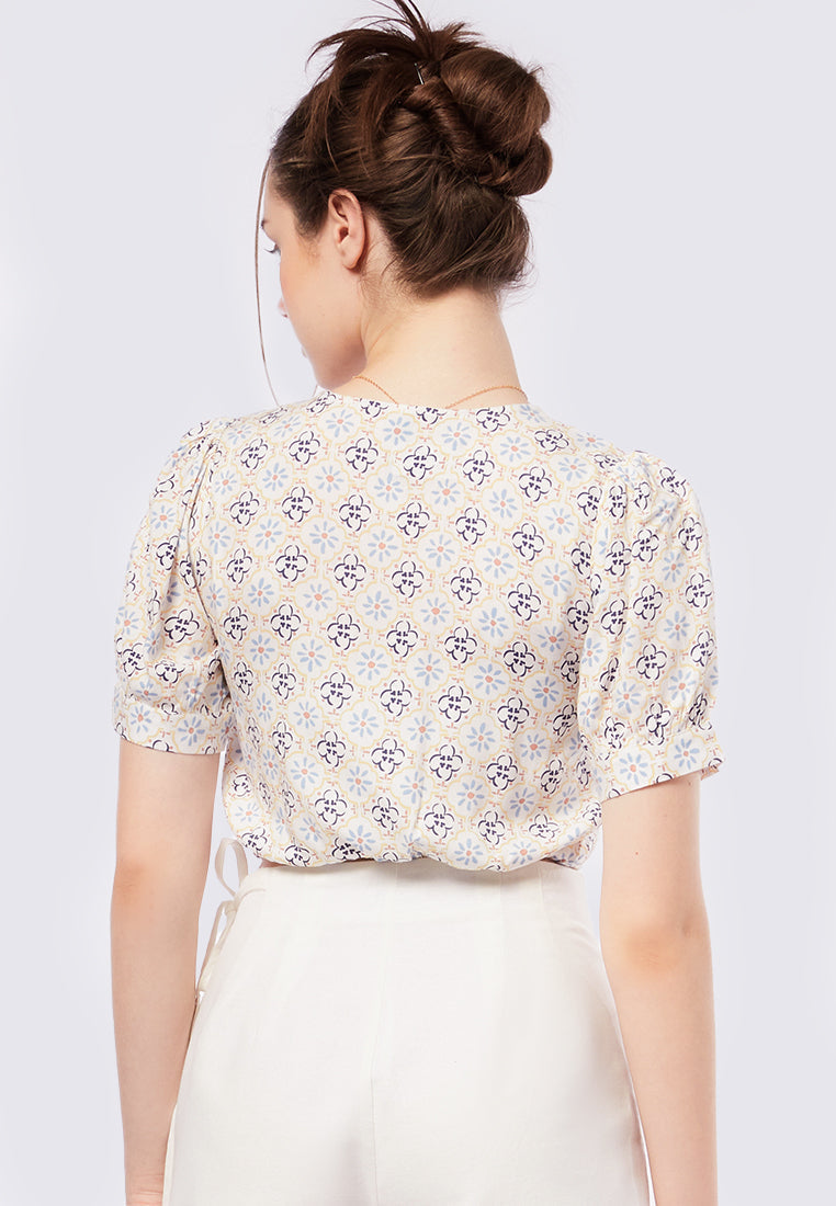 V-Neck Printed Blouse with Drawstring