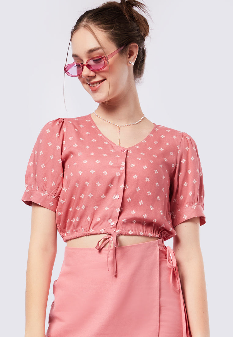 V-Neck Printed Blouse with Drawstring