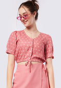 V-Neck Printed Blouse with Drawstring