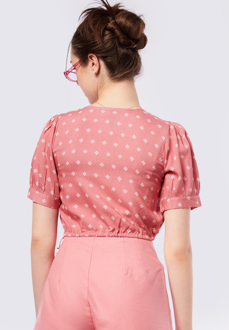 V-Neck Printed Blouse with Drawstring