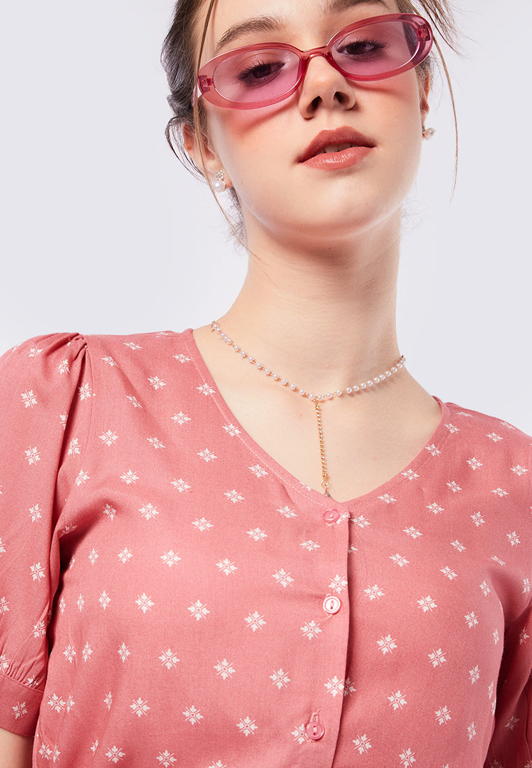 V-Neck Printed Blouse with Drawstring
