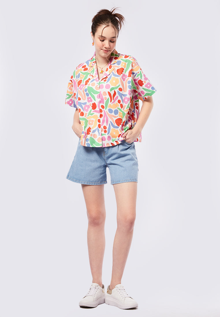 Notch Collar Short Sleeve Blouse