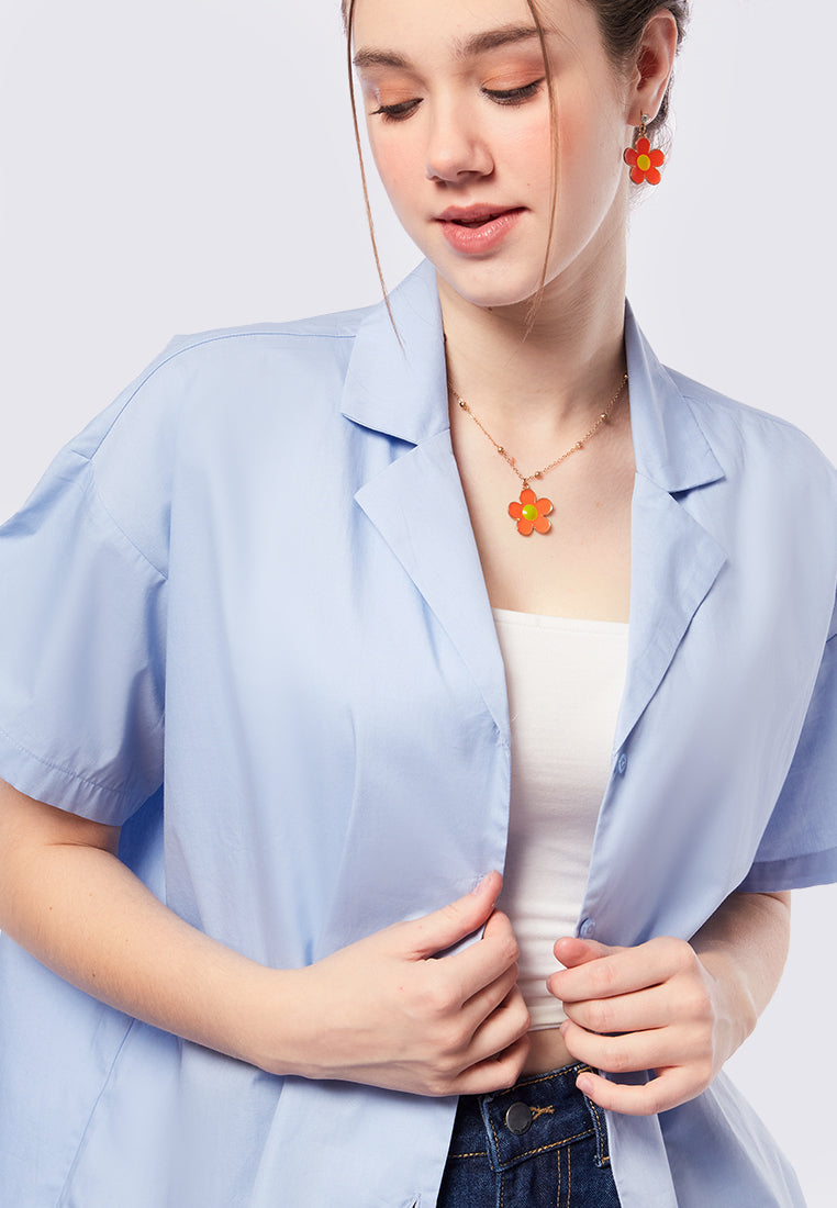 Notch Collar Short Sleeve Blouse