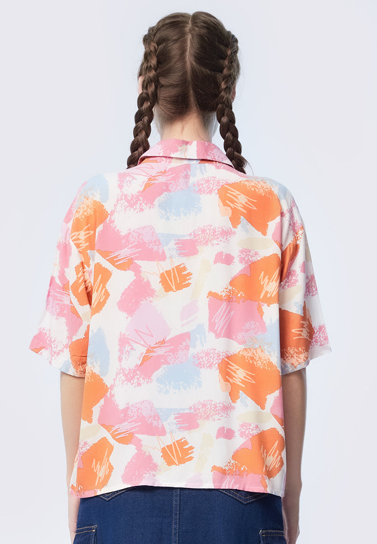 Oversized Printed Notch Collar Blouse