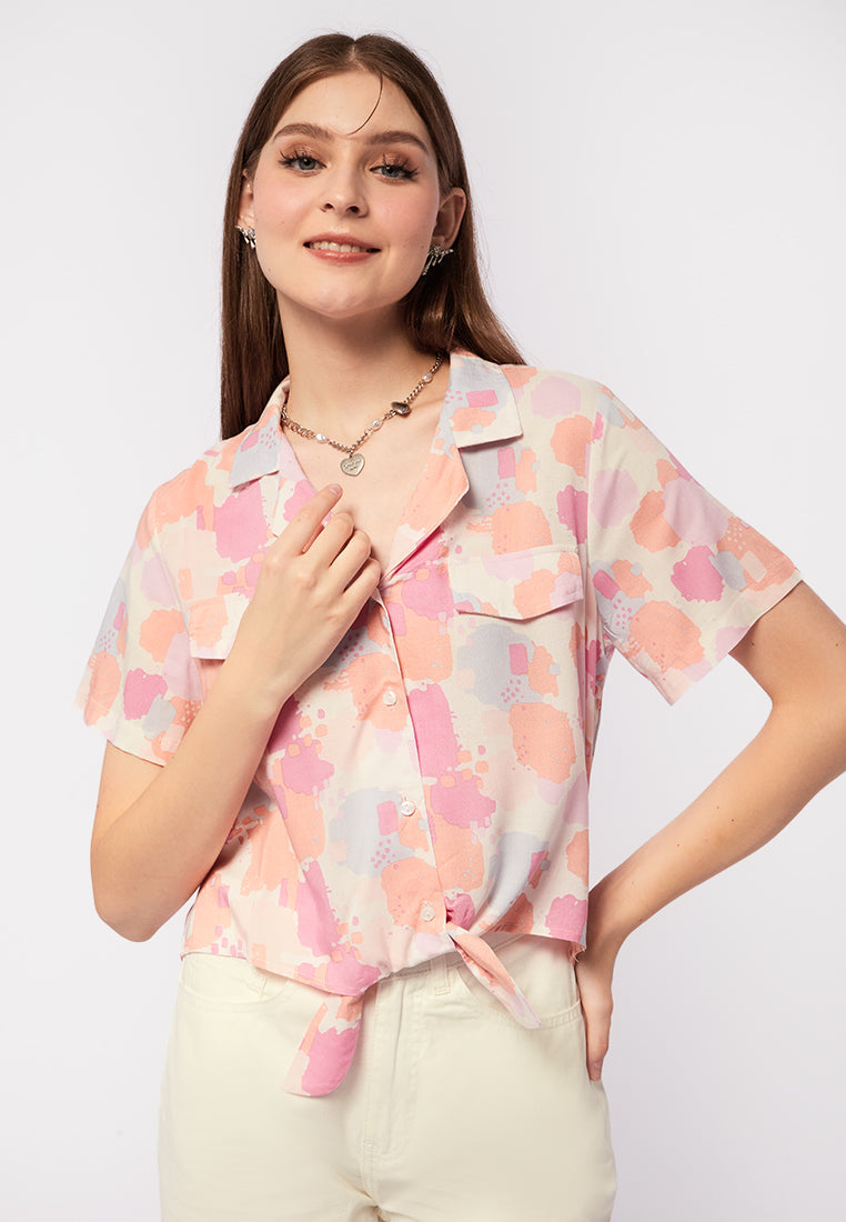 Printed Blouse with Front Tie