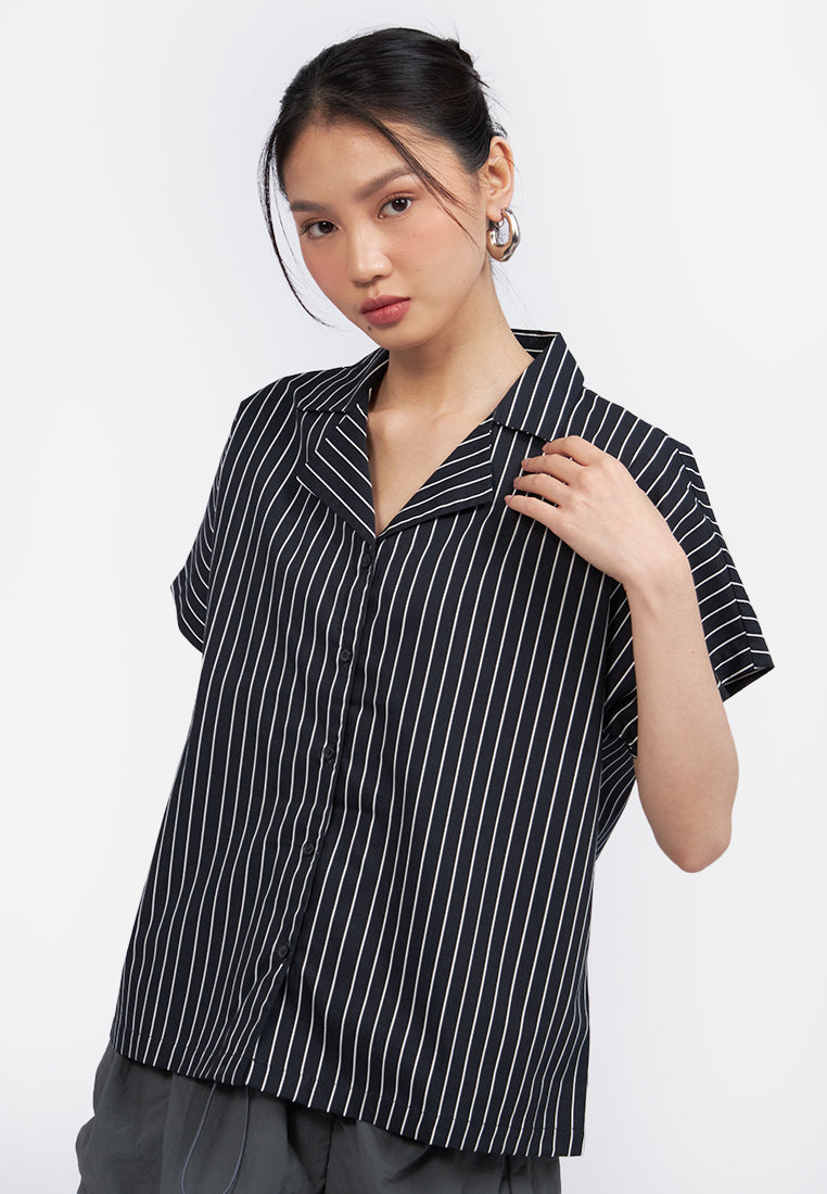 Notch Collar Stripes Blouse Black