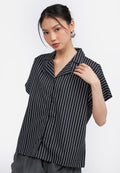 Notch Collar Stripes Blouse Black