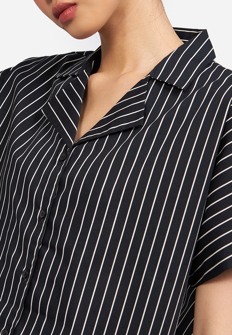 Notch Collar Stripes Blouse Black