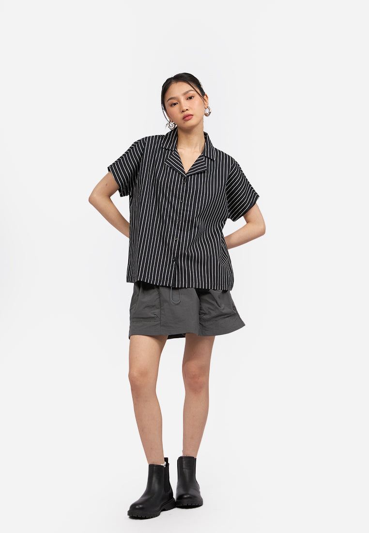 Notch Collar Stripes Blouse Black
