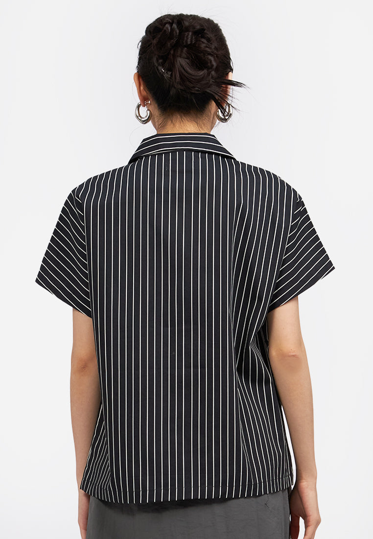 Notch Collar Stripes Blouse Black