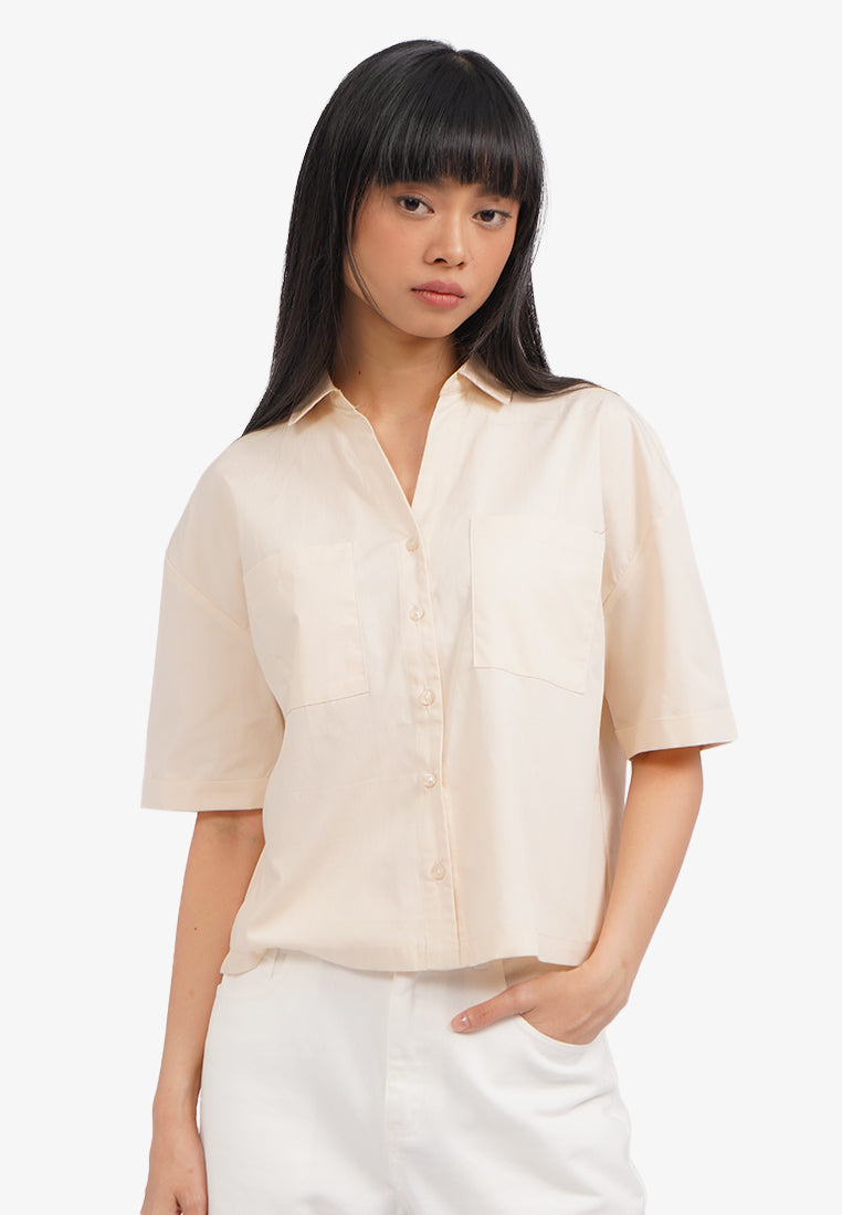 V-Neck Blouse with Drop Shoulder Beige