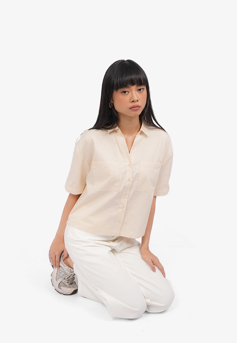 V-Neck Blouse with Drop Shoulder Beige