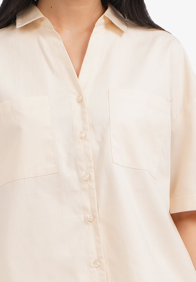 V-Neck Blouse with Drop Shoulder Beige