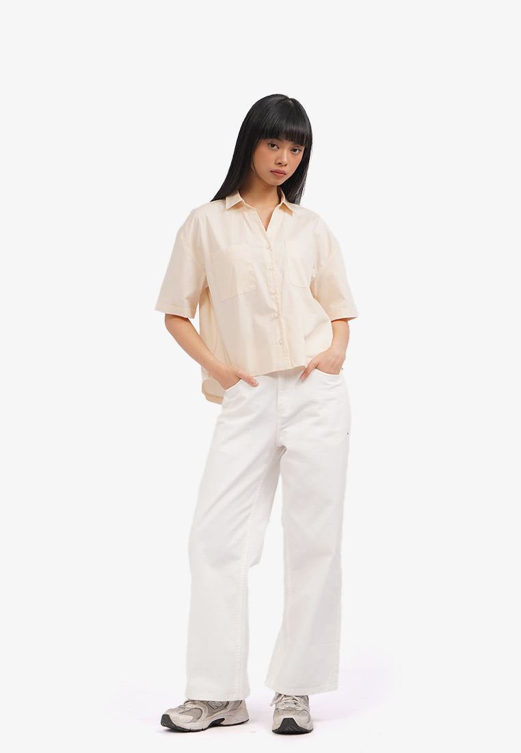 V-Neck Blouse with Drop Shoulder Beige