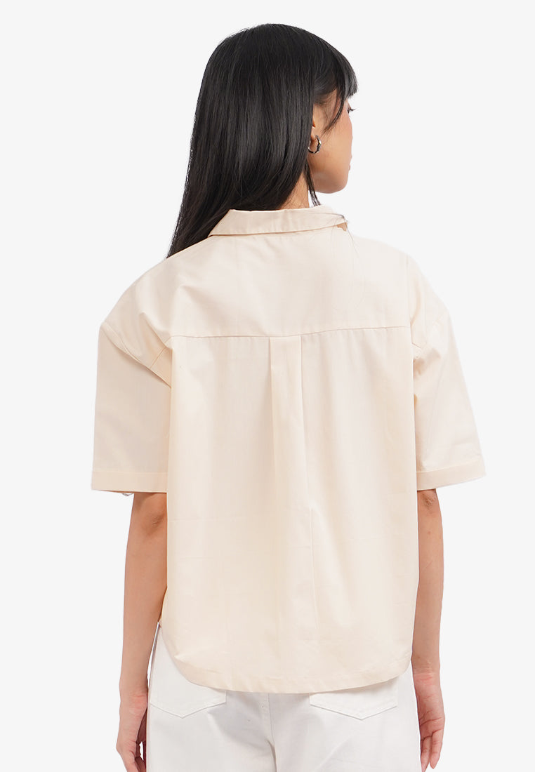 V-Neck Blouse with Drop Shoulder Beige