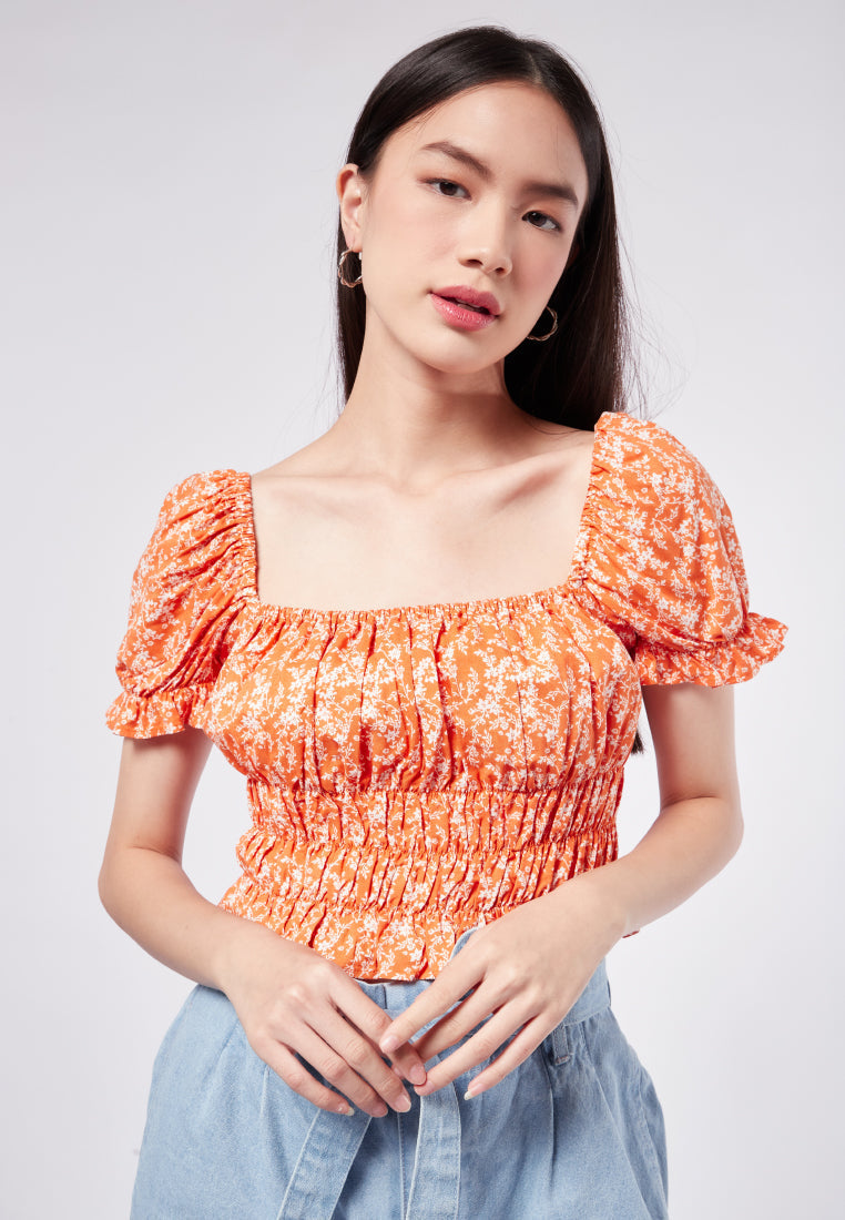 Printed Short Sleeve Smock Top
