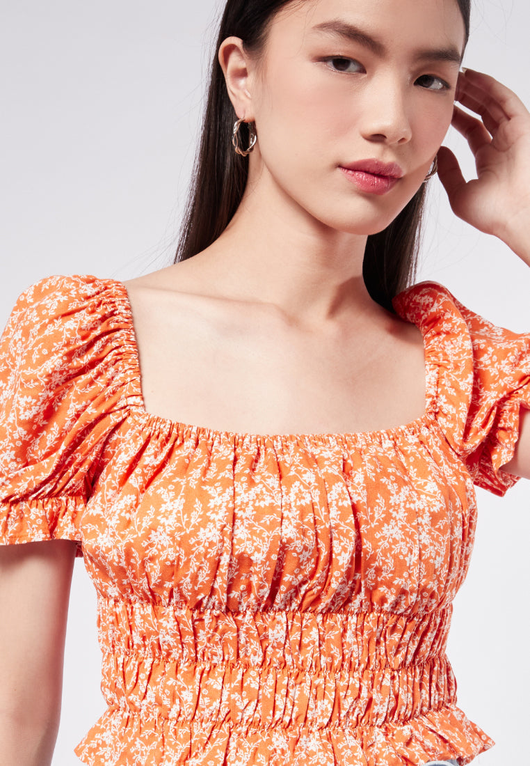 Printed Short Sleeve Smock Top