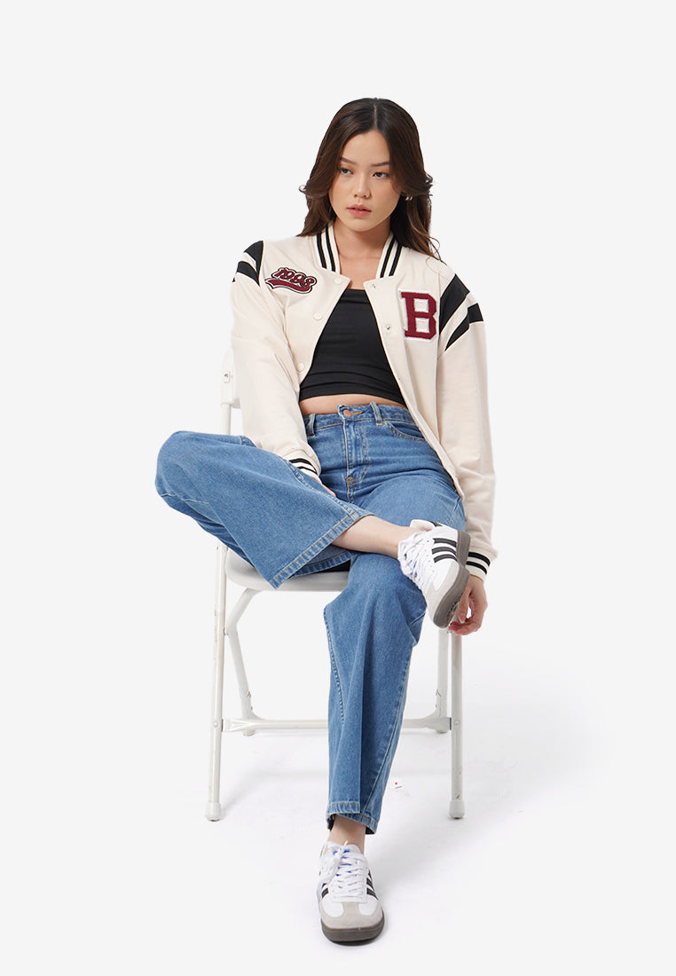 Cropped Varsity Jacket Ecru