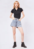 Asymmetric Fitted Denim Shorts