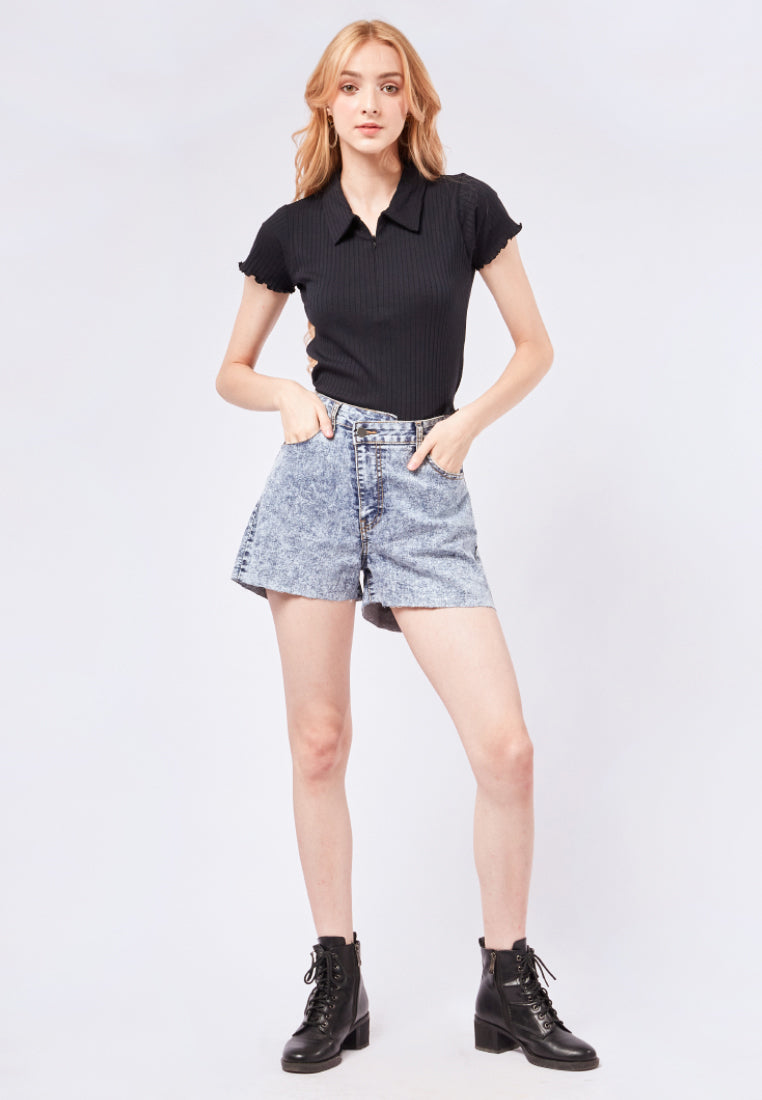 Asymmetric Fitted Denim Shorts
