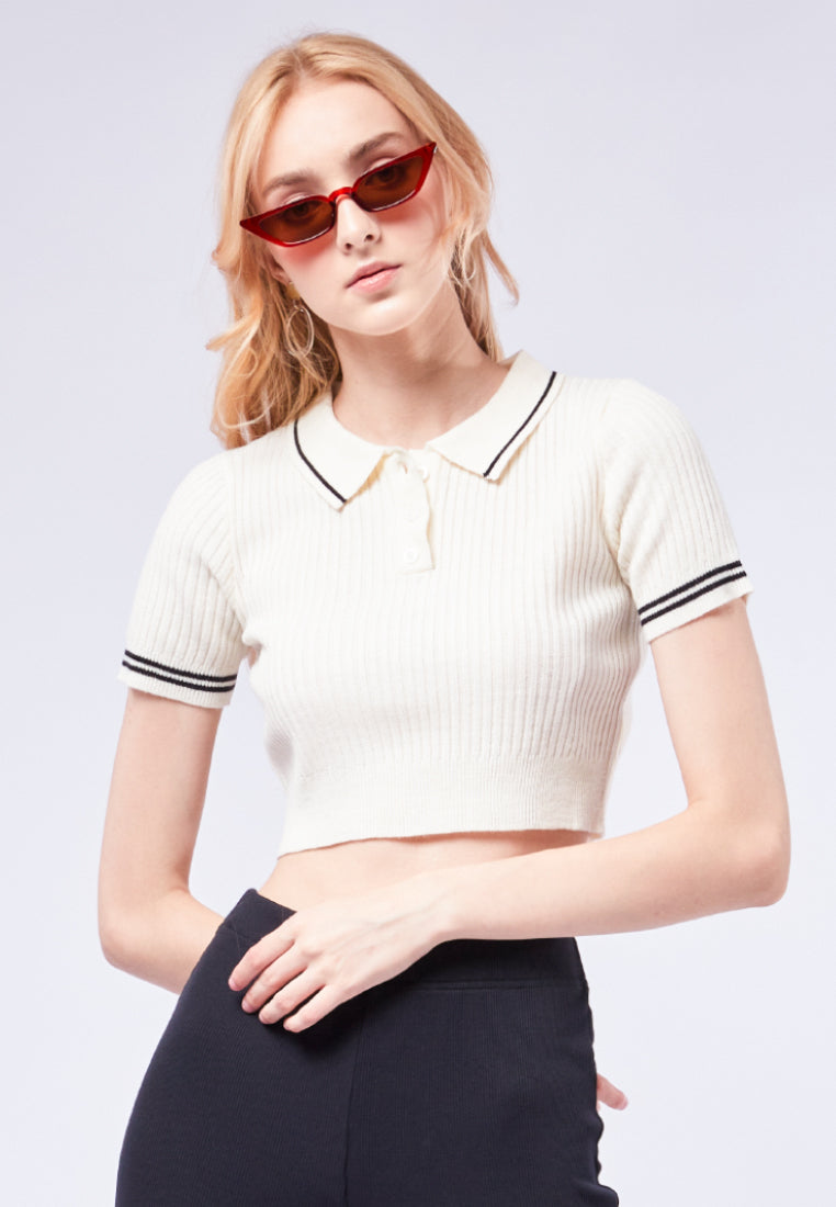 Crop Polo Top with Stripe Details