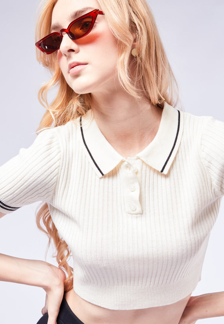 Crop Polo Top with Stripe Details
