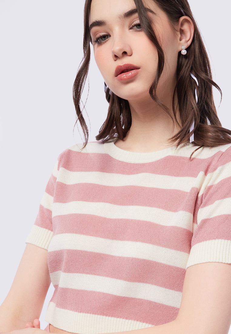 Striped Short Sleeve Knit Crop Top