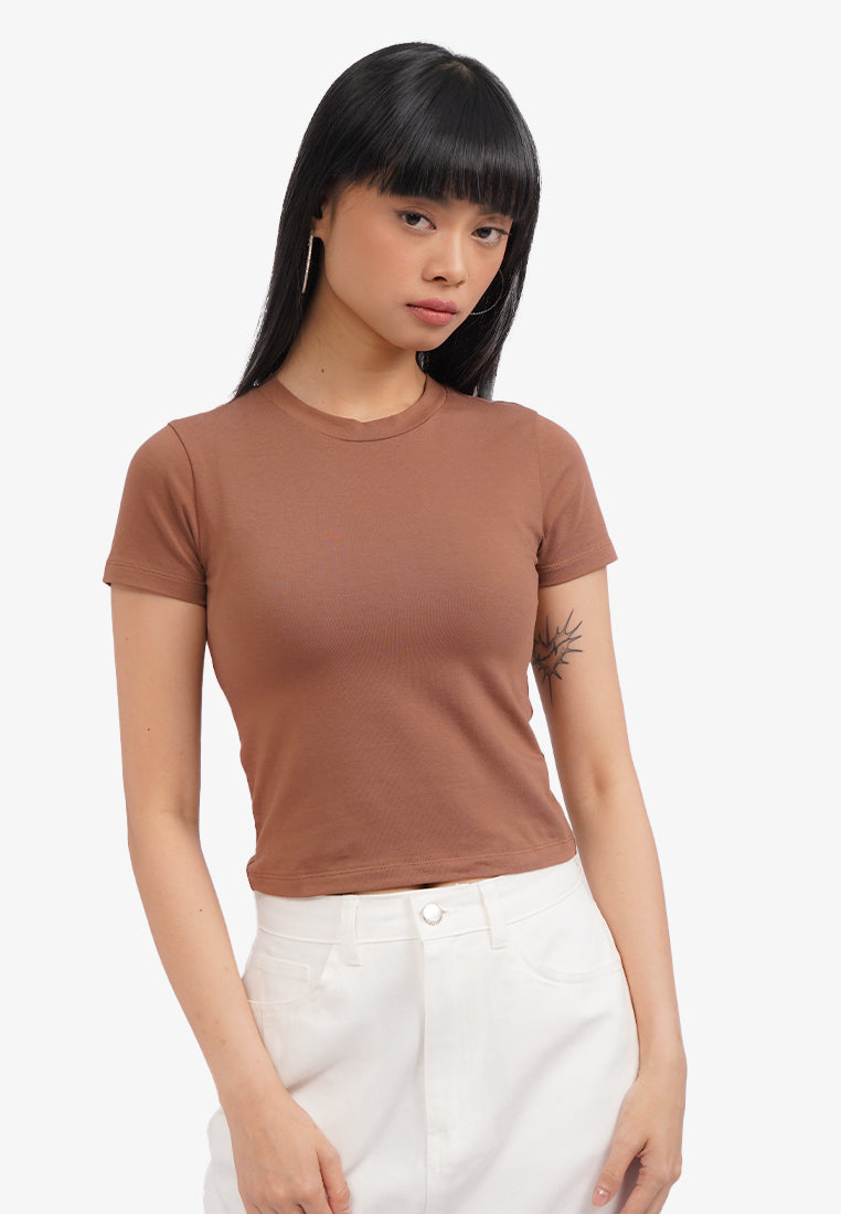 Basic Short Sleeve Fitted T-Shirt Brown