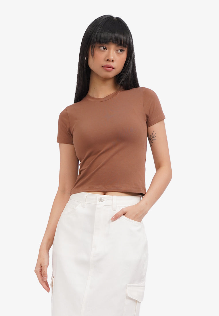 Basic Short Sleeve Fitted T-Shirt Brown