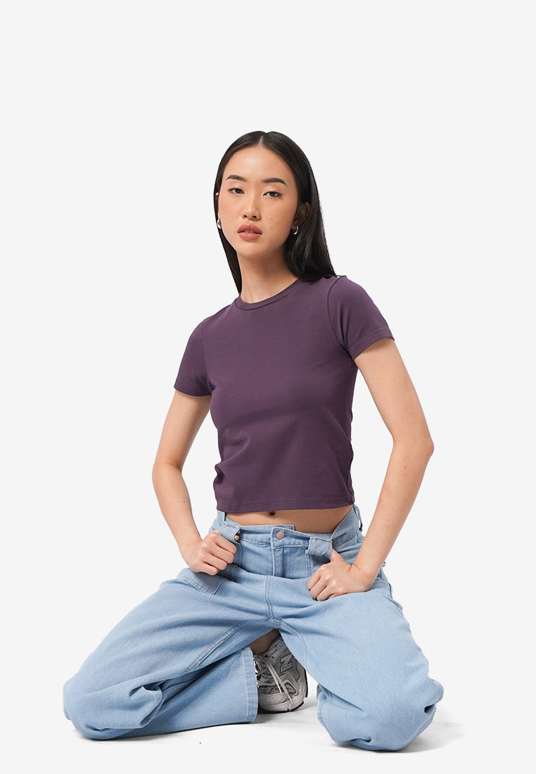 Short Sleeve Fitted Crop T-Shirt Plum