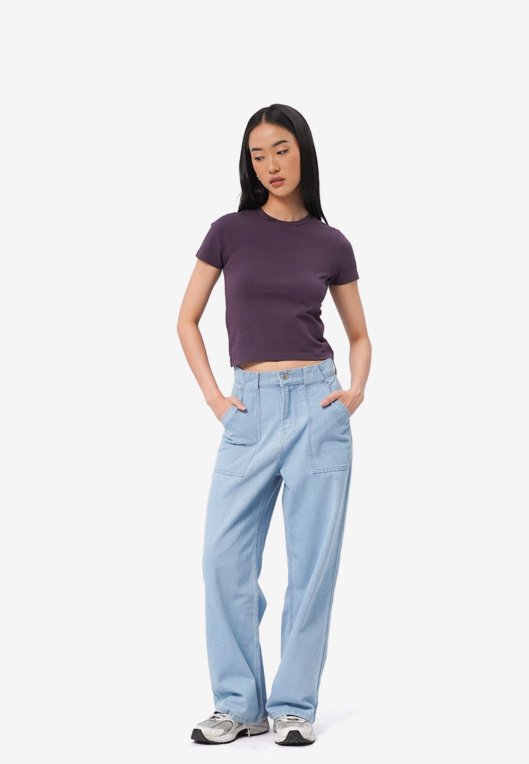 Short Sleeve Fitted Crop T-Shirt Plum