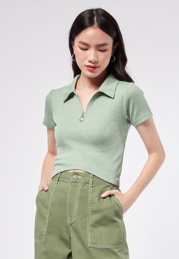 Zipped Polo Collar Top