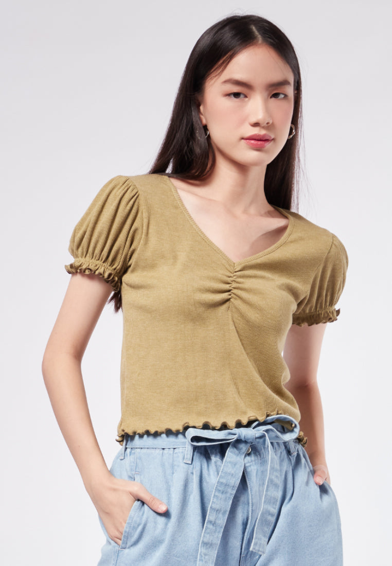 Puff Sleeve V-Neck Rib Top
