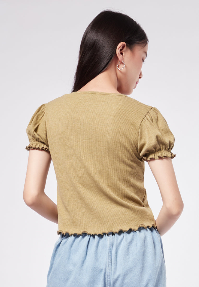 Puff Sleeve V-Neck Rib Top