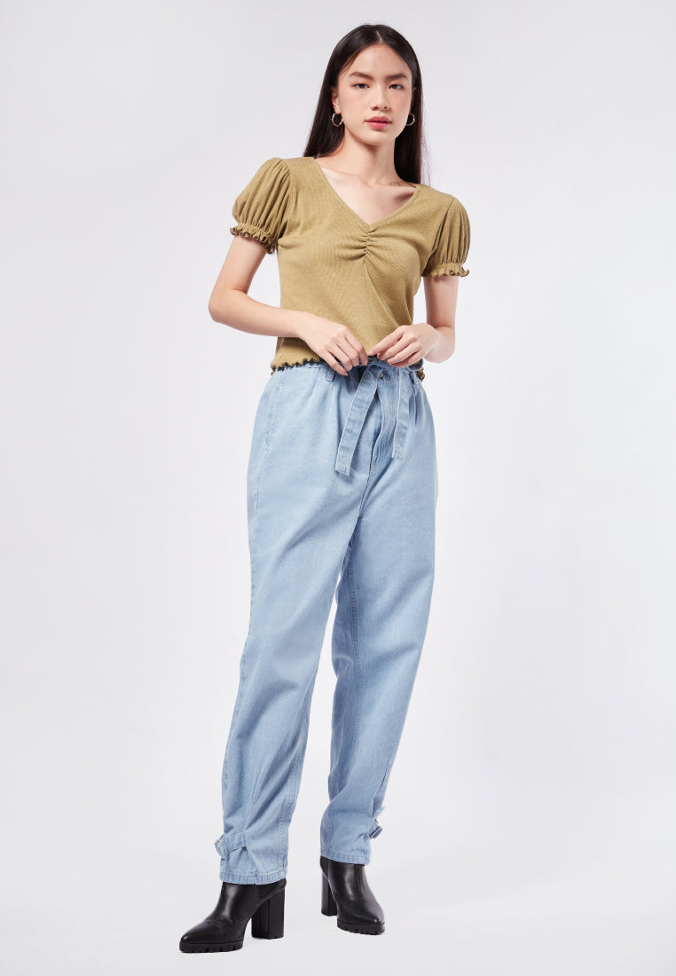 Puff Sleeve V-Neck Rib Top